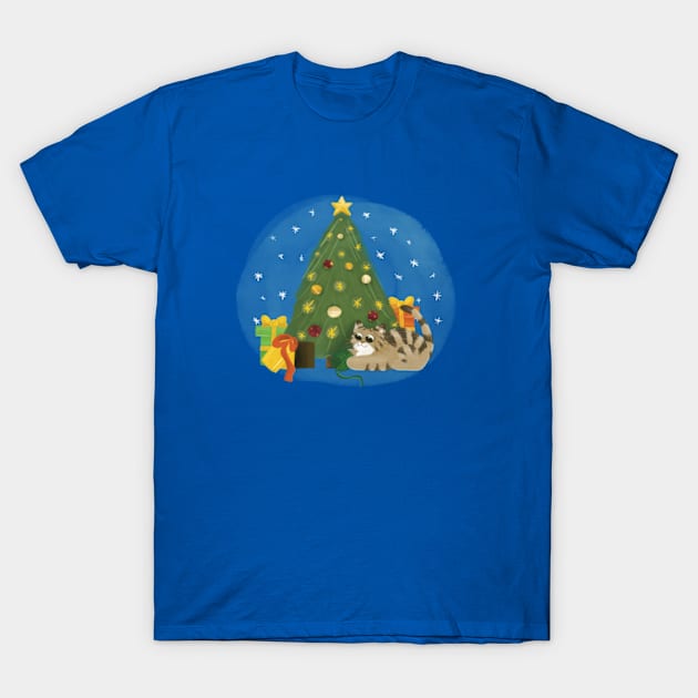 Christmas cat with Christmas tree and presents T-Shirt by AbbyCatAtelier